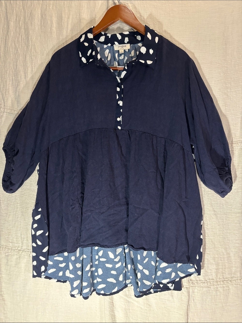 Umgee Navy Blue Mixes Media Brushstroke Linen Blend Tunic Blouse Oversized EUC
